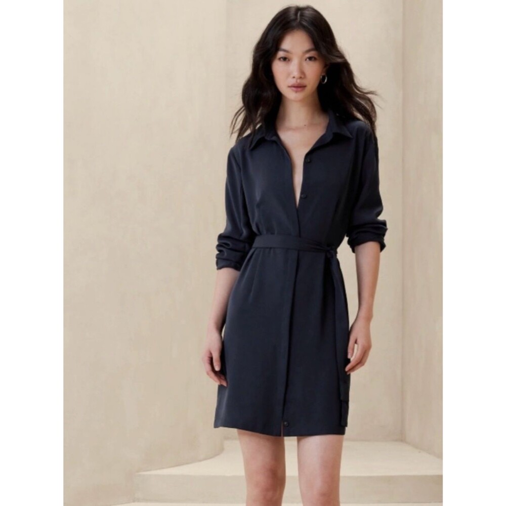 NWT Banana Republic Classic Collared Navy Shirt Dress Preppy Waist Tie Size XXL